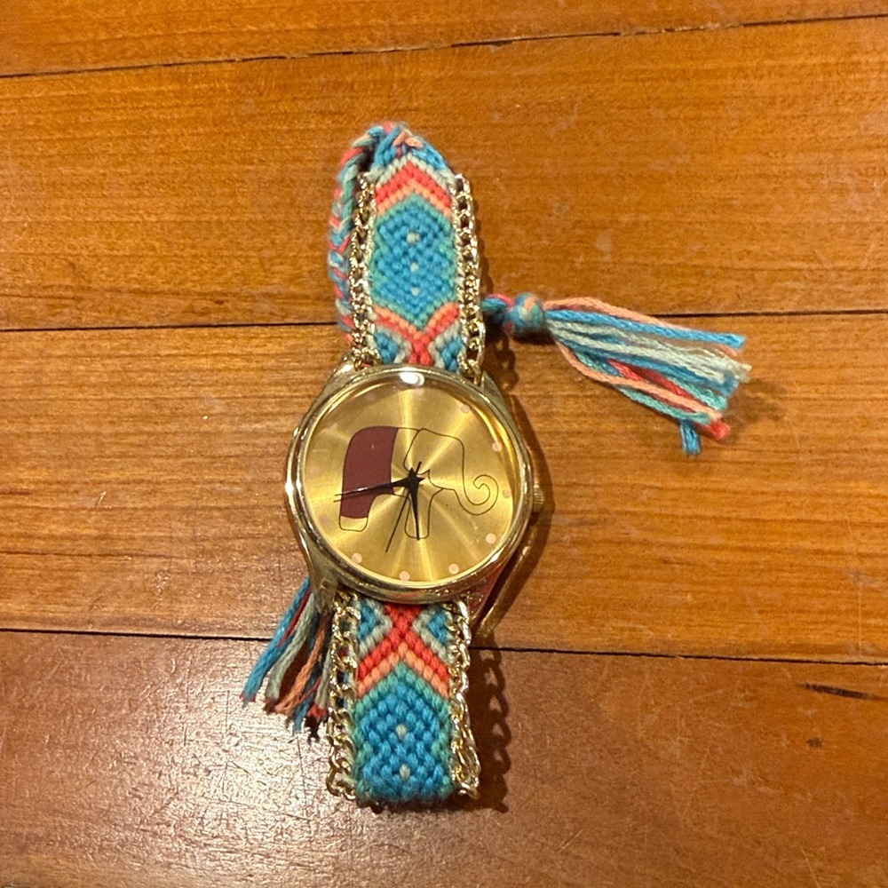 Gold Dial Watch with Turquoise & Coral Woven Bracelet